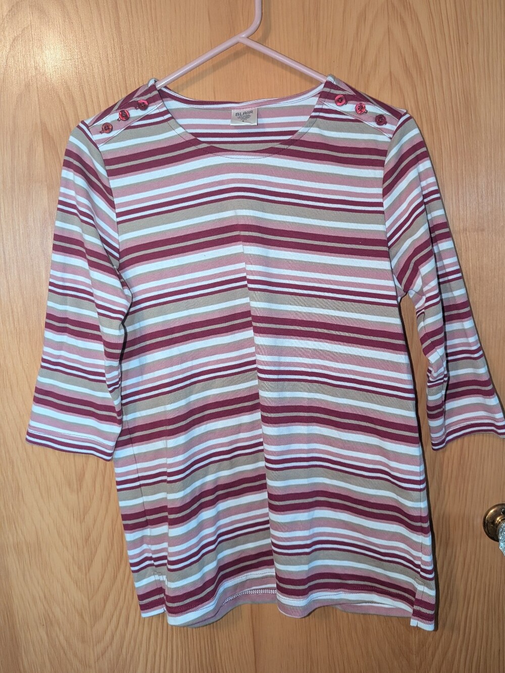 Blair Striped Short-Sleeve Tee in Mauve and Cream with Button-Shoulder Detail
